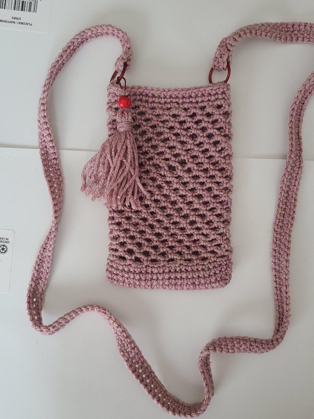 Handmade Hand Crochet Cell Phone Case Holder Crossbody Bag Dust Rose Charm